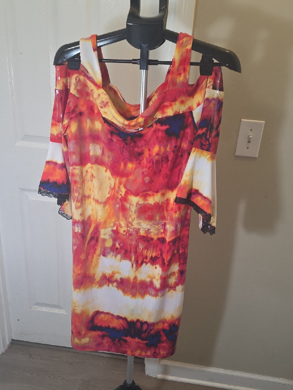 Women's Cold-Shoulder Tie-Dye Dress in Red and Yellow